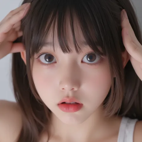 cuteloli,loli,hyper realistic,HD,best quality,8K,Exquisite details,(14-years-old),(sexy panties),(face), shy, male pov, (head pat), (hand pulling her hair back),from above, looking up, worried, mouth open,