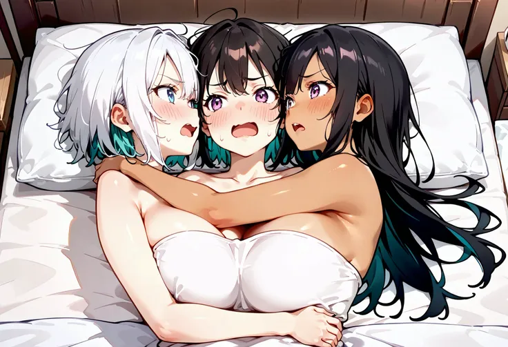 {4girls}, {{four head}}, {{Two Torsos}}, {{conjoined}}, safe_pos, 正確な形状を記述する, score_8_up, source_anime, hug, holding each other, looking at each other, four breasts, big breasts, two-tone skin, (beige skin, tan skin), four breasts, big breasts, different h...