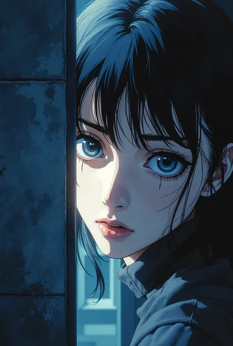 ANIME, masterpiece, high quality, 8K Ultra HD, a young woman in her early twenties peers through a gap between the curtain and the wall, there is fear and anxiety expressed by her look out into the lower level of the apartment block , sharp focus, double e...