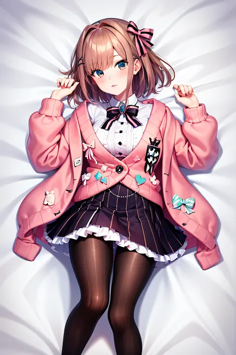 hmsl1, (1 person:1.5), Suzuhara Ruru, exquisite male genitals, pink ribbon, chest, jewelry, pink cardigan, brooch, white shirt, Vertical striped mini skirt, vertical striped pantyhose, embarrassing, Red cheeks, Seducing Men, white sheets, Lie on your back,...