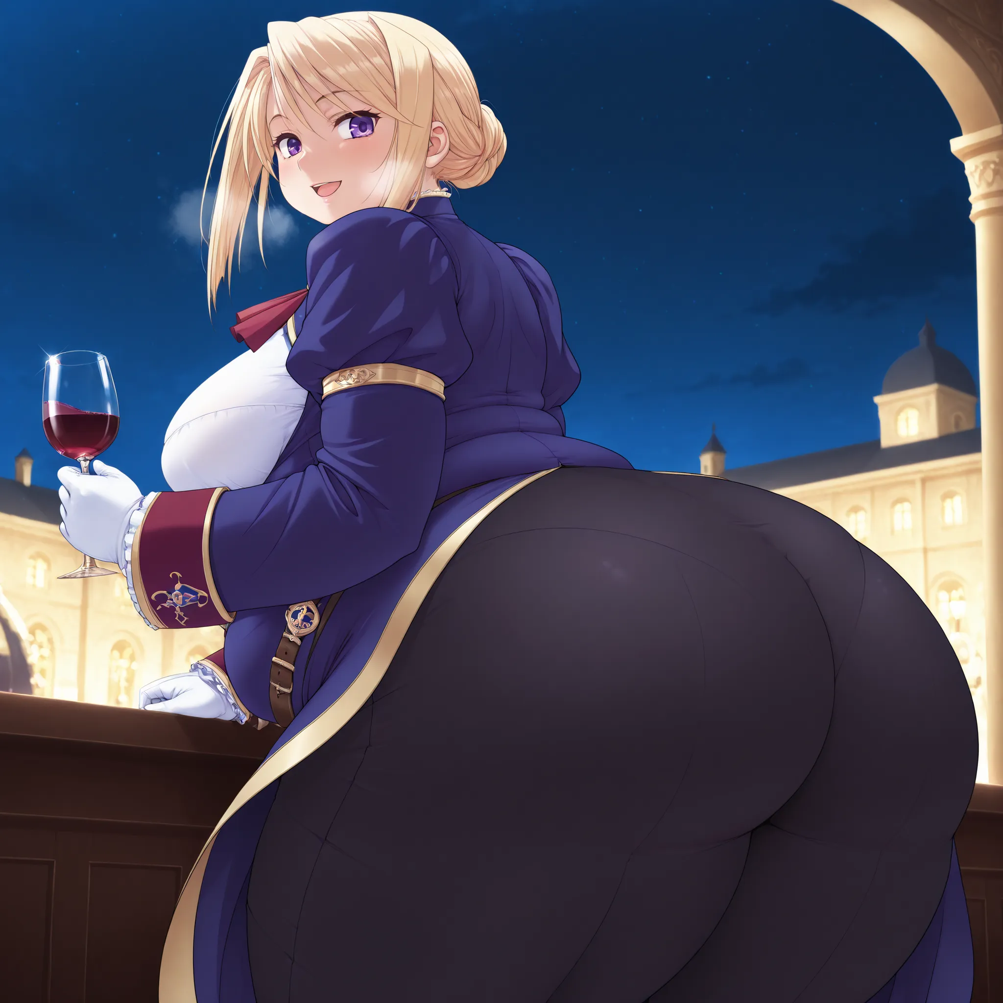 1girl,solo,mm,mature female,blonde hair,purple eyes,hair bun,large breasts,
knight uniform,white gloves,long sleeves,ascot,pants,shirt,puffy sleeves,holding,wine glass, from behind, looking back, smile,parted lips, night
,masterpiece,best quality,amazing q...