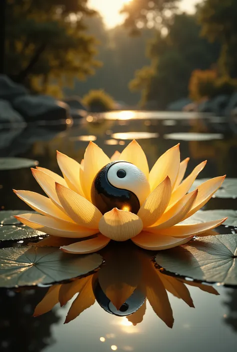 black and white yin yang sign in the center of golden lotus flower in center of a lake 35 mm lens 4k hd quality