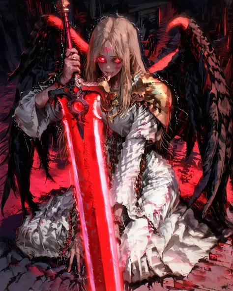  Masterpiece, ultra-detailed, cinematic illustration, 4K resolution, dramatic lighting. At the center of a ruined, ancient temple, a glowing red greatsword is stabbed into the stone floor, its thick blade radiating menace. The sword features a disturbing, ...