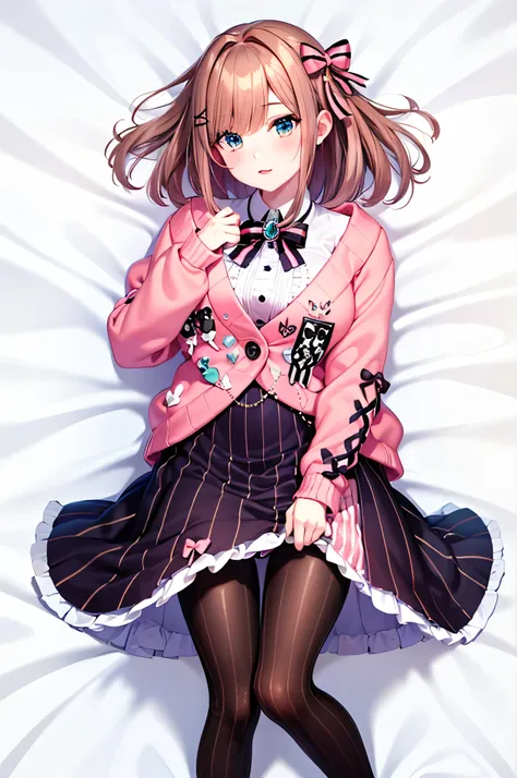 hmsl1, (1 person:1.5), Suzuhara Ruru, exquisite male genitals, pink ribbon, chest, jewelry, pink cardigan, brooch, white shirt, Vertical striped mini skirt, vertical striped pantyhose, embarrassing, Red cheeks, Seducing Men, white sheets, Lie on your back,...