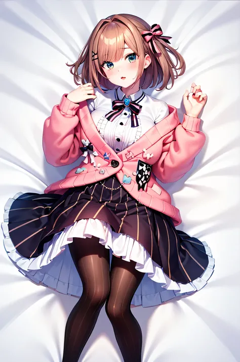 hmsl1, (1 person:1.5), Suzuhara Ruru, exquisite male genitals, pink ribbon, chest, jewelry, pink cardigan, brooch, white shirt, Vertical striped mini skirt, vertical striped pantyhose, embarrassing, Red cheeks, Seducing Men, white sheets, Lie on your back,...
