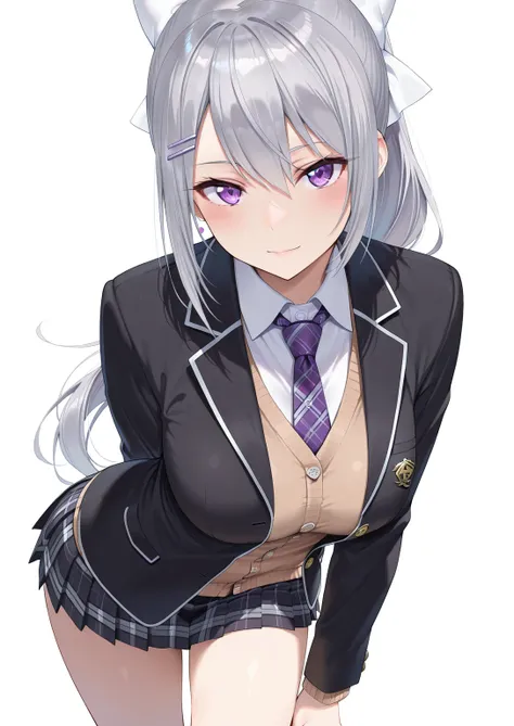 solo,masterpiece,best quality,super fine illustration、finely detail 、clear picture、UHD、HDR, amazing quality, highres, absurdres, very aesthetic, high resolution, ultra detailed, perfect details,nijikaede,purple eye,grey hair,long eyelashes,long hair,ponytail,white bow,hair pin,nijikaedecos,white shirt,purple necktie,plaid necktie,brown cardigan,button cardigan,blazer jacket,black jacket,open jacket,miniskirt,pleated skirt,plaid skirt,tsurime,medium breasts,look at viewer,mature female, (masterpiece, detailed:1.2)