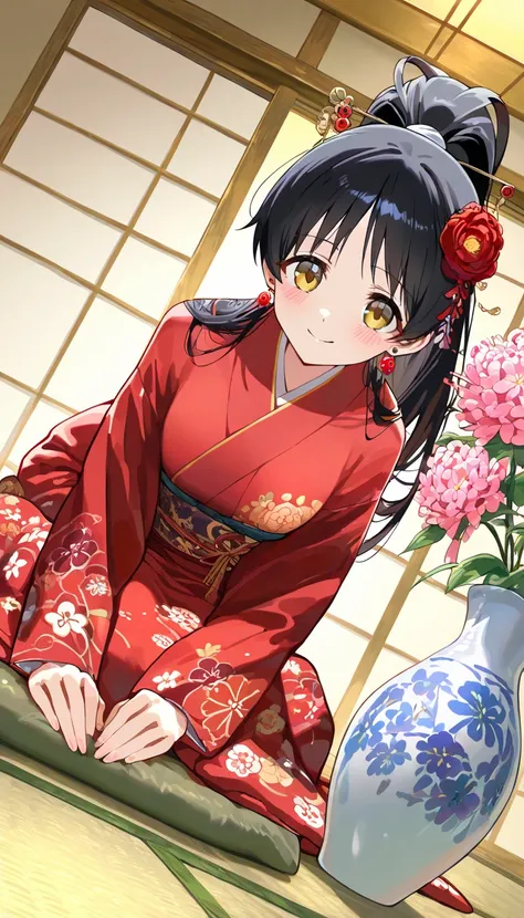 (beautiful girl : 1.3),1 girl,(hazuki ren),(red kimono with flower embroidery,big flower arranged in a vase,earrings,hairpin),Smile Yan,embarrassing,Blush,seiza,Japanese-style room,tatami,Shoji screen,between floors,縁側,Dynamic Angle,( anime style 4k,Beautiful Animated Portraits,Anime Art),masterpiece,top quality,rich contrast,High Definition,8k,High Definition CG Unit Wallpaper,Textures,unbelievably absurd,RAW pictures,Deep Border 1 .2,very detailed