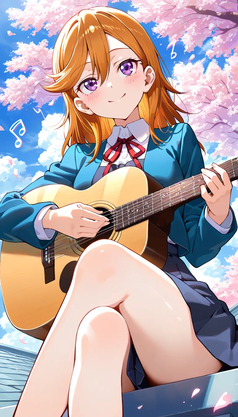 (beautiful girl : 1.3),1 girl,(shibuya kanon),(Yuigaoka Girls' High School Uniform),Smile Yan,embarrassing,Blush,sitting,legs crossed, songs,plays acoustic guitar,Look Up,Blue Sky,cloud,school rooftop, Light Cherry Blossom Furusou ,Musical note mark,Dynamic Angle,( anime style 4k,Beautiful Animated Portraits,Anime Art),masterpiece,top quality,rich contrast,High Definition,8k,High Definition CG Unit Wallpaper,Textures,unbelievably absurd,RAW pictures,Deep Border 1 .2,very detailed