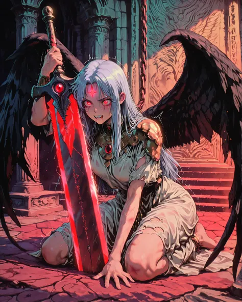  Masterpiece, ultra-detailed, cinematic illustration, 4K resolution, dramatic lighting. At the center of a ruined, ancient temple, a glowing red greatsword is stabbed into the stone floor, its thick blade radiating menace. The sword features a disturbing, ...