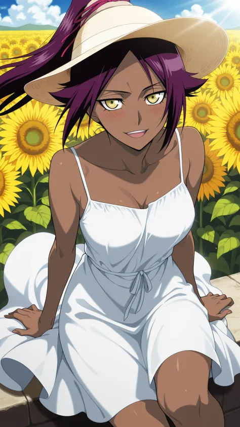 BREAK looking at viewer, BREAK (masterpiece:1.2), best quality, high resolution, unity 8k wallpaper, (illustration:0.8),A vast sunflower field under a bright blue sky with fluffy white clouds, sunlight shining warmly on the flowers, ultra-detailed, sunny d...