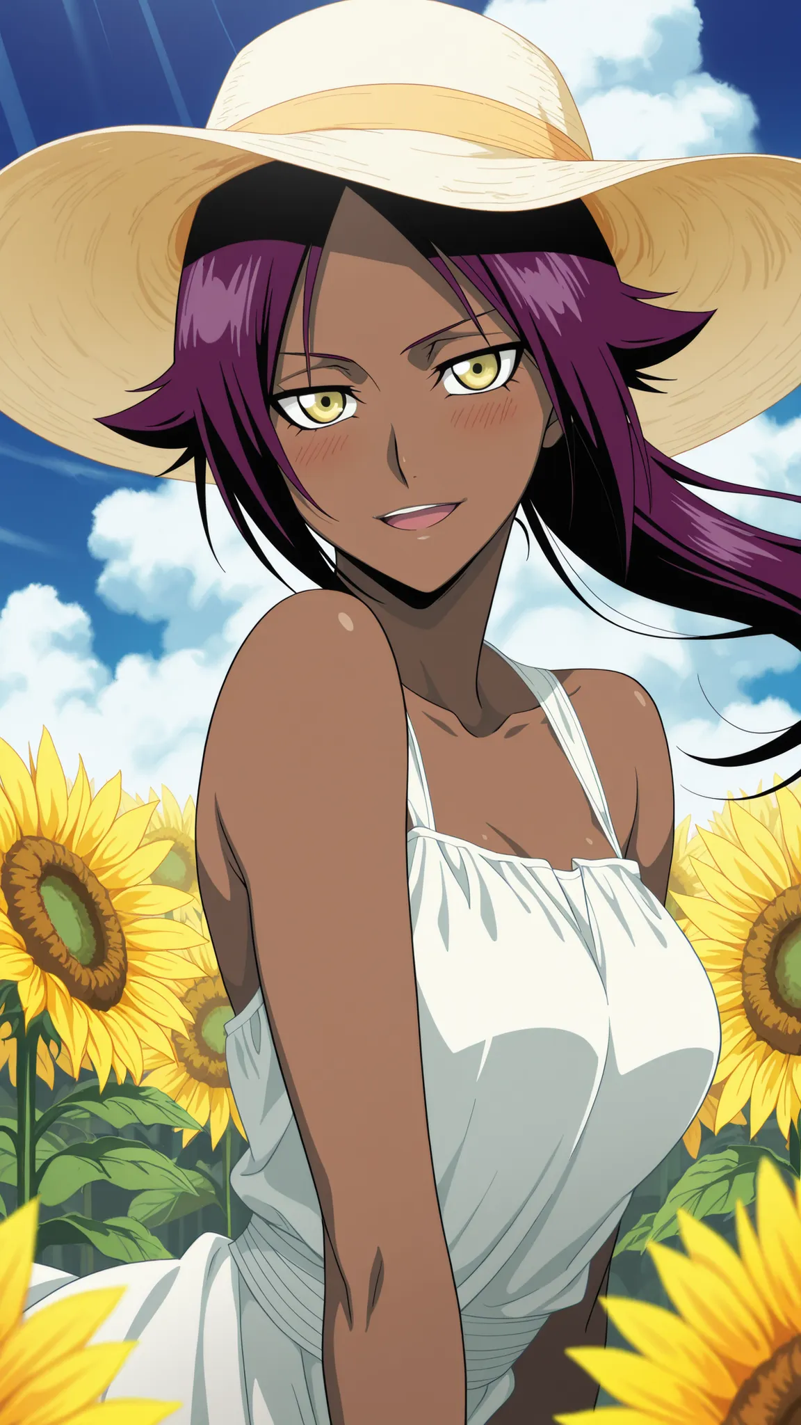 BREAK looking at viewer, BREAK (masterpiece:1.2), best quality, high resolution, unity 8k wallpaper, (illustration:0.8),A vast sunflower field under a bright blue sky with fluffy white clouds, sunlight shining warmly on the flowers, ultra-detailed, sunny d...