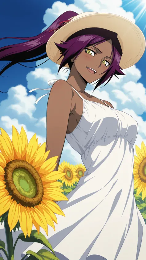 BREAK looking at viewer, BREAK (masterpiece:1.2), best quality, high resolution, unity 8k wallpaper, (illustration:0.8),A vast sunflower field under a bright blue sky with fluffy white clouds, sunlight shining warmly on the flowers, ultra-detailed, sunny d...