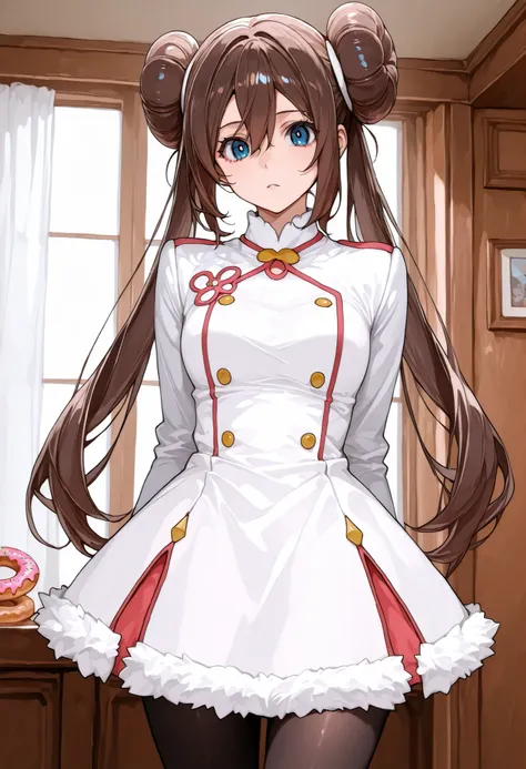 score_9, score_8_up, score_7_up, nh, 1girl, solo, indoors, rosa, brown hair, double bun, doughnut hair bun, hair bun, blue eyes, hair between eyes, twintails, pantyhose, furtrim, looking at viewer, cowboy shot,