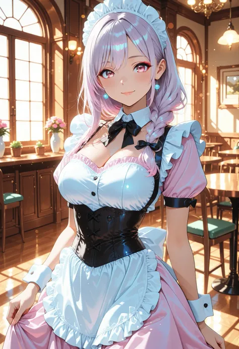 Adorable Maid, Anime Style, Beautiful girl, beautiful girl, Woman in a light purple waitress, Woman in Corset Dress, interior illuminated by natural light, elegant expression, soft smile, Elegant Makeup, behave politely, elegant and delicate atmosphere, Hi...