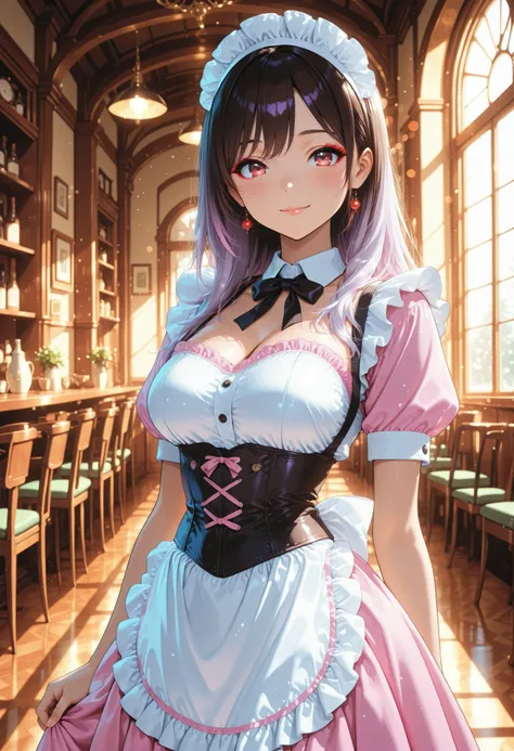 Adorable Maid, Anime Style, Beautiful girl, beautiful girl, Woman in a light purple waitress, Woman in Corset Dress, interior illuminated by natural light, elegant expression, soft smile, Elegant Makeup, behave politely, elegant and delicate atmosphere, Hi...