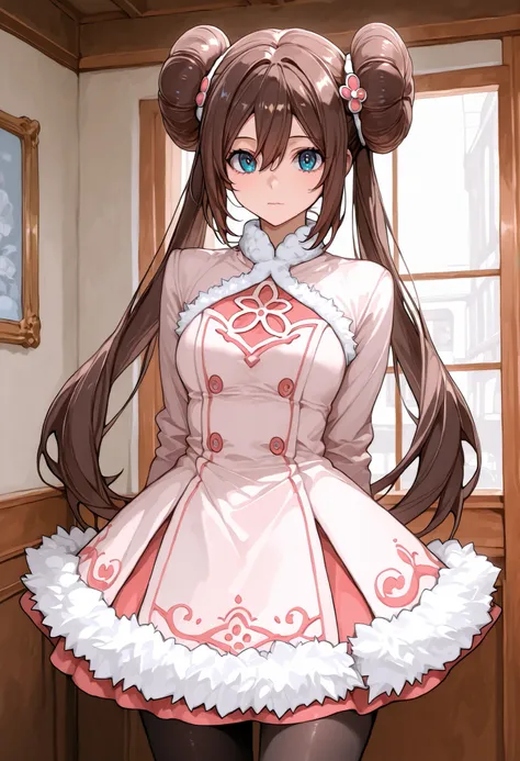 score_9, score_8_up, score_7_up, nh, 1girl, solo, indoors, rosa, hair ornament, brown hair, double bun, doughnut hair bun, hair bun, blue eyes, hair between eyes, twintails, pantyhose, furtrim, looking at viewer, cowboy shot,