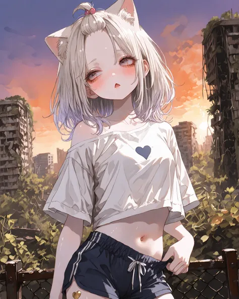 ((Masterpiece)), ((best quality, amazing quality)), ((very aesthetic, absurdres, newest)), (8K), ((wide shot)), ((1girl)), (cute young girl), (Healthy body, Textured skin, small breast, tilt head), ((platinum-gold hair)), (loose cropped shirt, shirt overha...