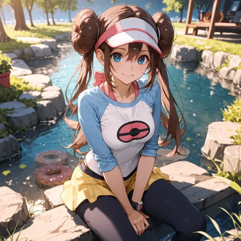 score_9, score_8_up, score_7_up, nh, smile, 1girl, solo, rosa, brown hair, double bun, doughnut hair bun, hair bun, blue eyes, hair between eyes, twintails, raglan sleeves, white shirt, blue sleeves, long sleeves, visor cap, looking at viewer,

