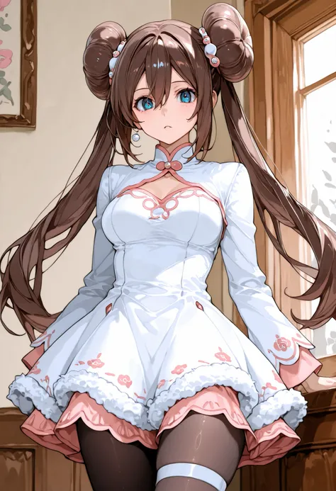 score_9, score_8_up, score_7_up, nh, 1girl, solo, indoors, rosa, hair ornament, brown hair, double bun, doughnut hair bun, hair bun, blue eyes, hair between eyes, twintails, pantyhose, furtrim, looking at viewer, cowboy shot, white clothes, medium breasts,...
