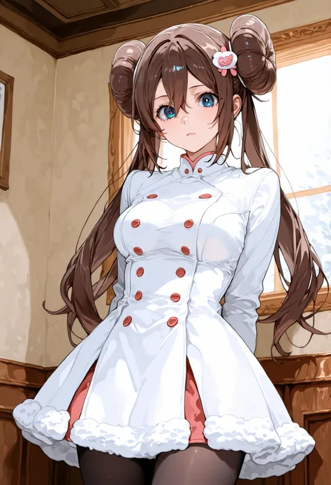 score_9, score_8_up, score_7_up, nh, 1girl, solo, indoors, rosa, hair ornament, brown hair, double bun, doughnut hair bun, hair bun, blue eyes, hair between eyes, twintails, pantyhose, furtrim, looking at viewer, cowboy shot, white clothes, medium breasts,...