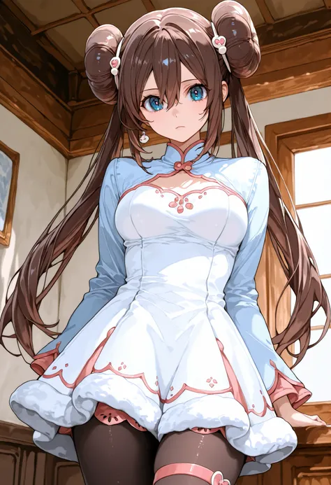 score_9, score_8_up, score_7_up, nh, 1girl, solo, indoors, rosa, hair ornament, brown hair, double bun, doughnut hair bun, hair bun, blue eyes, hair between eyes, twintails, pantyhose, furtrim, looking at viewer, cowboy shot, white clothes, medium breasts,...