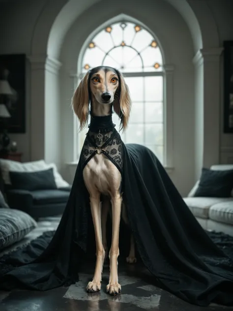 girl standing on a black blanket. Set against an (gothic) backdrop that is covered in cobwebs. saluki, greyhound, borzoi, sighthound, beautiful eyes, golden eyes, paws, black fur, gothic, mysterious