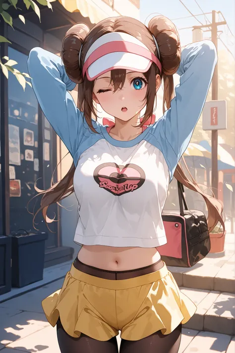 score_9, score_8_up, score_7_up, nh, one eye closed, 1girl, solo, rosa, brown hair, double bun, doughnut hair bun, hair bun, blue eye, hair between eyes, twintails, raglan sleeves, white shirt, blue sleeves, visor cap, looking at viewer, open mouth, pantyh...