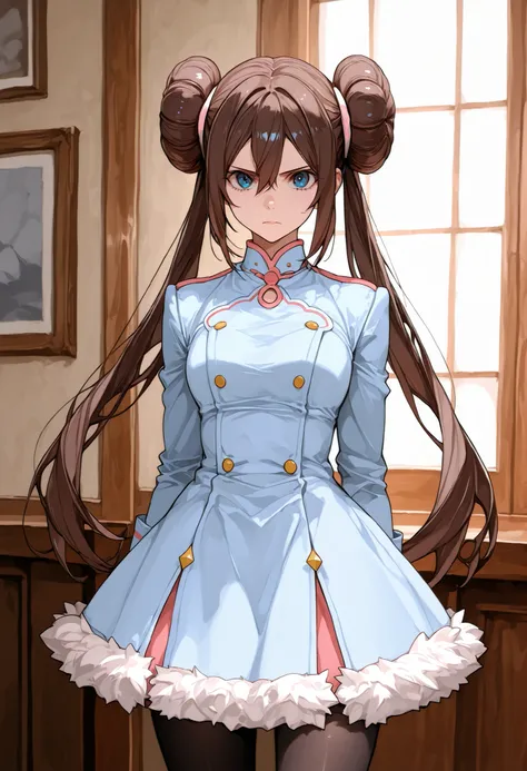 score_9, score_8_up, score_7_up, nh, 1girl, solo, indoors, rosa, serious, brown hair, double bun, doughnut hair bun, hair bun, blue eyes, hair between eyes, twintails, pantyhose, furtrim, looking at viewer, cowboy shot,