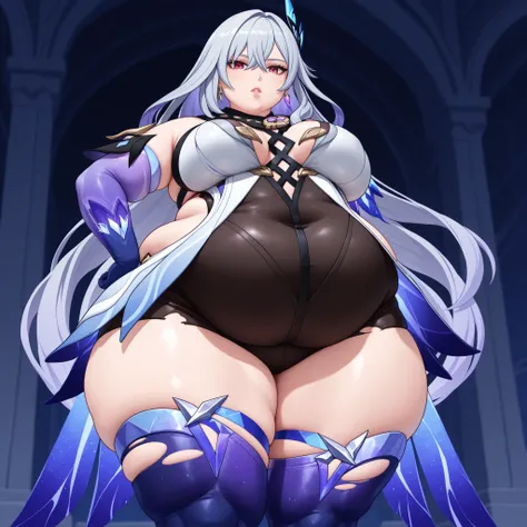 anime screencap, masterpiece, best quality,
1girl, solo, parted lips,
 1girl, solo, mature female, skirk \(genshin impact\), genshin impact, 1girl, solo, breasts, long hair, gloves, thighhighs, looking at viewer, elbow gloves, hand on hip, bangs, hair orna...