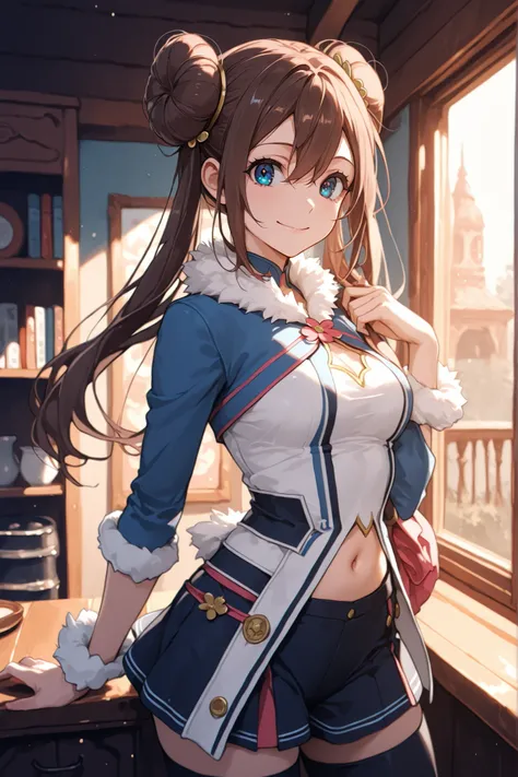 score_9, score_8_up, score_7_up, nh, hair ornament, smile, 1girl, solo, rosa, brown hair, double bun, hair bun, blue eyes, hair between eyes, twintails, looking at viewer, furtrim, navel
