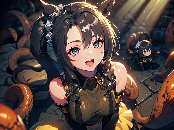 (Left tilt, upper body POV, 3D work, deep shadow, underground black wall, surrounded by tentacles, lower body buried in tentacles, dancing particles: 1.5), (Super cute girl, with collar, suspenders, vertical knit sweater, lace blouse, lace black shorts, ho...