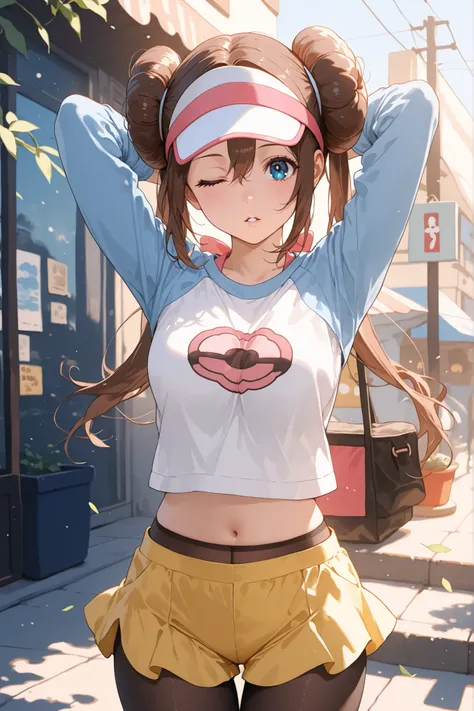 score_9, score_8_up, score_7_up, nh, one eye closed, 1girl, solo, rosa, brown hair, double bun, doughnut hair bun, hair bun, blue eye, hair between eyes, twintails, raglan sleeves, white shirt, blue sleeves, visor cap, looking at viewer, parted lips, panty...