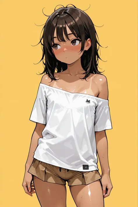 1 femboy,Super Detailed,absolute resolution,(dynamic angles),(tanned skin:0.3),(tanlines:0.3),portrait,((pinup)),cowboy shot,Feminine gestures,standing,,(oversized white off-shoulder shirt,untucked shirt),brown mini Culottes,bare foot,detailed and beautifu...