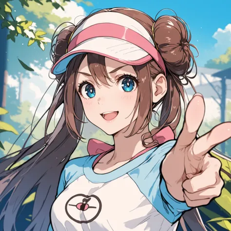 score_9, score_8_up, score_7_up, nh, smile, open mouth, v-shaped eyebrows, finger gun, face focus, close up, 1girl, solo, rosa, brown hair, double bun, doughnut hair bun, hair bun, blue eyes, hair between eyes, twintails, raglan sleeves, white shirt, blue ...