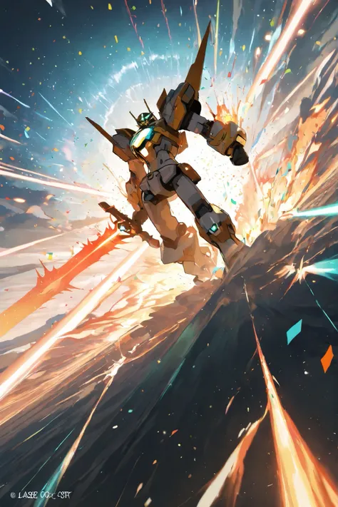 masterpiece, best quality,1 robot
,best quality,heroic pose,dynamic angle,dynamic universe background,with epic confetti effect, high angle shot,like CCTV footage,laser burst of effects radiating from the center, outward flow of magic or particles, dyn...
