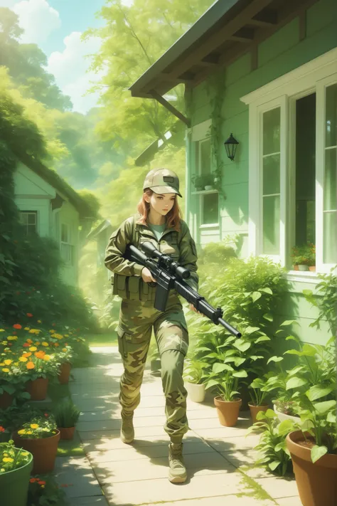 a woman in a camouflage combat suit、I'm moving forward whilst holding a gun, solo, A , view from the house next door, lavish and aesthetic gardening, Contrasting camouflage suit, Realistic, high resolution, 4K, HDR, Living atmosphere, real, grace,Natural L...