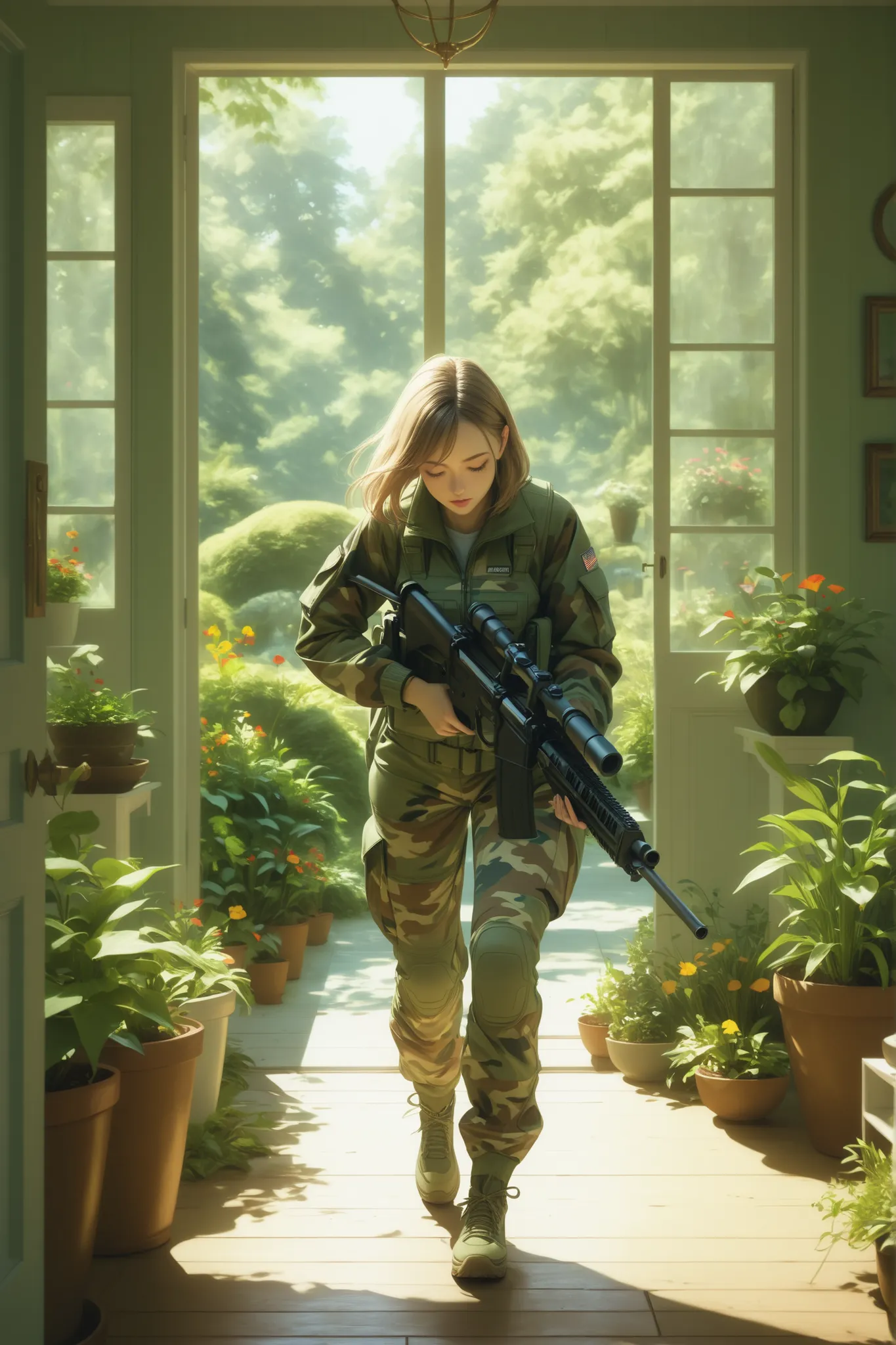 a woman in a camouflage combat suit、I'm moving forward whilst holding a gun, solo, \Facing down in front, Moving forward, \A , view from the house next door, lavish and aesthetic gardening, Contrasting camouflage suit, Realistic, high resolution, 4K, HDR, ...