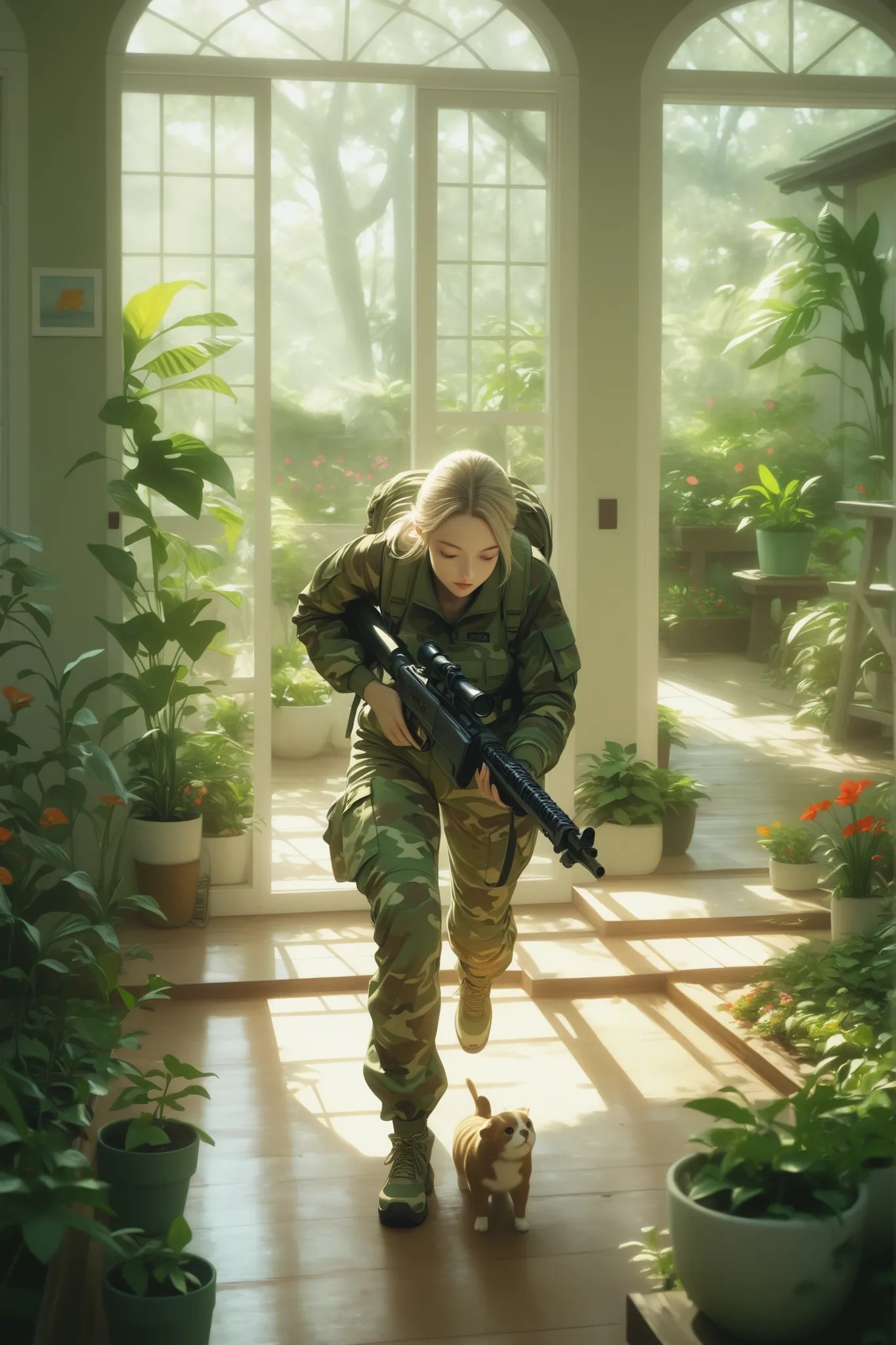 a woman in a camouflage combat suit、I'm moving forward whilst holding a gun, solo, \Facing down in front, Moving forward, \A , view from the house next door, lavish and aesthetic gardening, Contrasting camouflage suit, Realistic, high resolution, 4K, HDR, ...