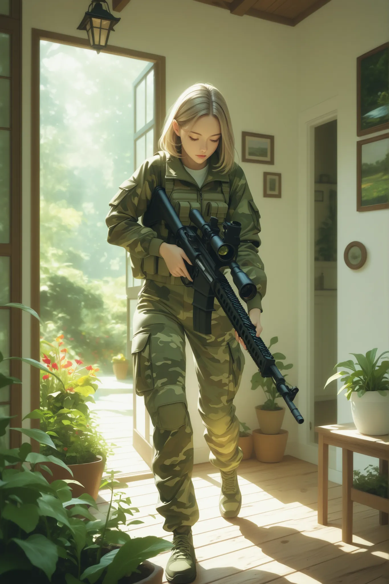 a woman in a camouflage combat suit、I'm moving forward whilst holding a gun, solo, \Facing down in front, Moving forward, \A , view from the house next door, lavish and aesthetic gardening, Contrasting camouflage suit, Realistic, high resolution, 4K, HDR, ...
