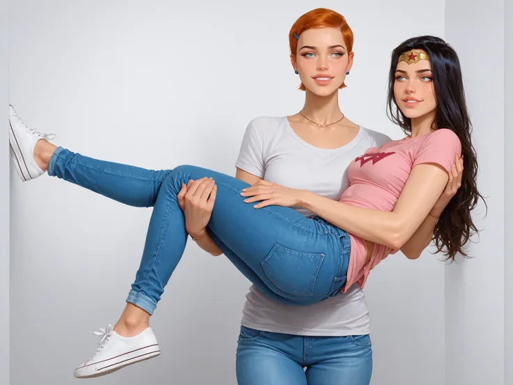 score_9, score_8_up, score_7_up, score_6_up, semi-realistic style, Expressiveh, BREAK, 2igrls, lesbians, gwen tennyson (Ben10) is carrying  her curvy girlfriend Wonder Woman in her arms, gwen tennyson has short orange hair and is standing upright and carry...
