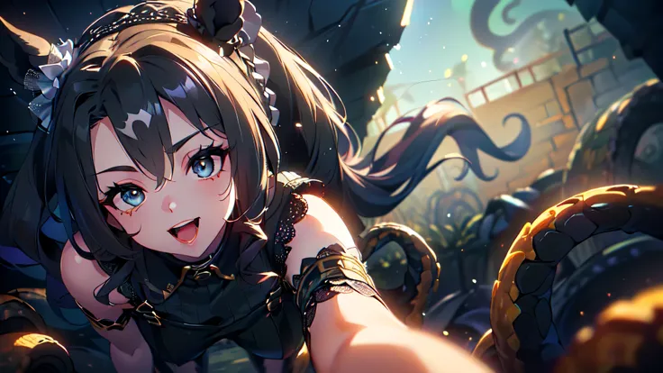 (Left tilt, upper body POV, 3D work, deep shadow, underground black wall, surrounded by tentacles, lower body buried in tentacles, dancing particles: 1.5), (Super cute girl, with collar, suspenders, vertical knit sweater, lace blouse, lace black shorts, ho...