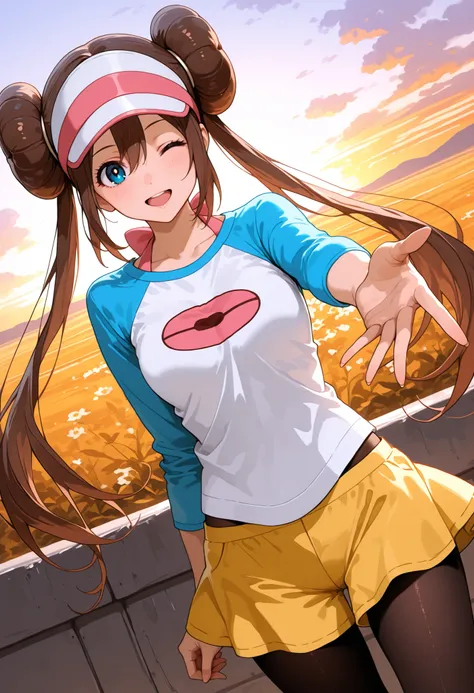 score_9, score_8_up, score_7_up, nh, outstretched hand, 1girl, solo, outdoors, rosa, wink, smile, open mouth, brown hair, double bun, doughnut hair bun, hair bun, blue eyes, hair between eyes, twintails, pantyhose, pantyhose under shorts, raglan sleeves, y...