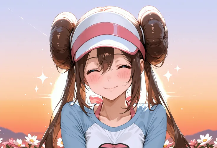score_9, score_8_up, score_7_up, nh, smile, eyes closed, blush, upper body, face focus, 1girl, solo, rosa, brown hair, double bun, doughnut hair bun, hair bun, blue eyes, hair between eyes, twintails, raglan sleeves, white shirt, blue sleeves, long sleeves...