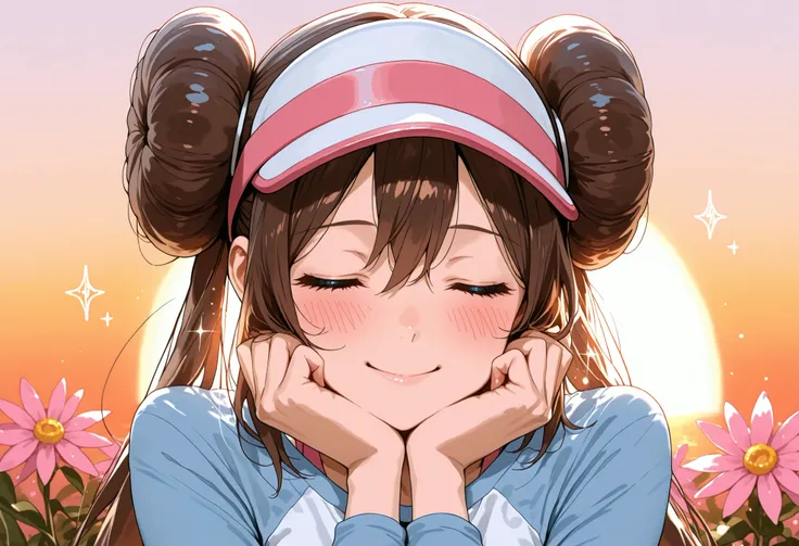 score_9, score_8_up, score_7_up, nh, smile, eyes closed, blush, upper body, face focus, 1girl, solo, rosa, brown hair, double bun, doughnut hair bun, hair bun, blue eyes, hair between eyes, twintails, raglan sleeves, white shirt, blue sleeves, long sleeves...