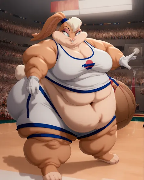 (masterpiece, best quality), 1girl, lolabunny, furry, white shorts, white gloves, tank top, sportswear, animal nose, fat, huge thighs, fat legs, thick meaty arms, fatty arms, double chin, obese, overweight female, ssbbw, full body, bottom heavy, huge arms