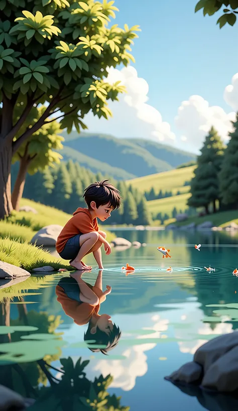 A Pixar-style lakeside scene in bright daylight. A young boy is crouching at the water’s edge, watching a school of fish swim beneath the crystal-clear surface. Behind him are lush green trees and gentle hills under a bright blue sky. His soft reflection g...