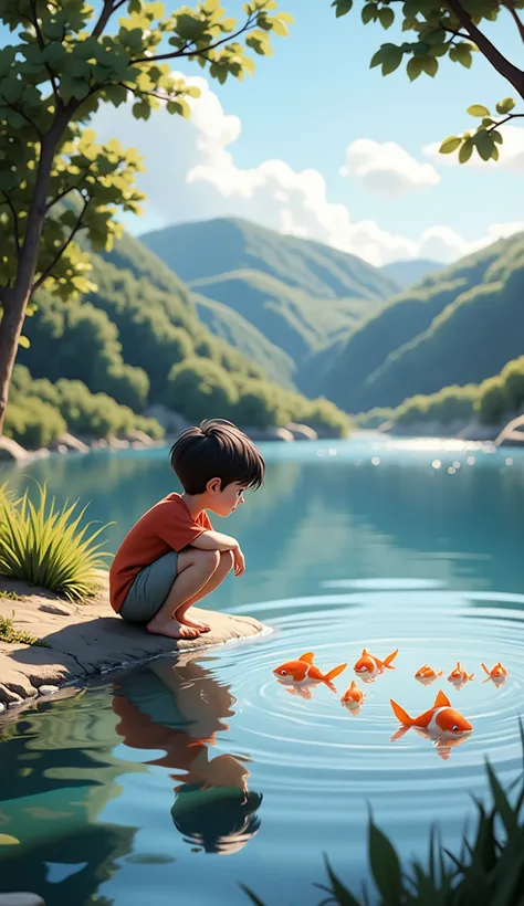 A Pixar-style lakeside scene in the light of day. The child crouches at the edge of the water, watching a school of fish swim beneath the glassy surface. Behind him are trees and green hills under a bright blue sky. His own reflection glows softly in the s...