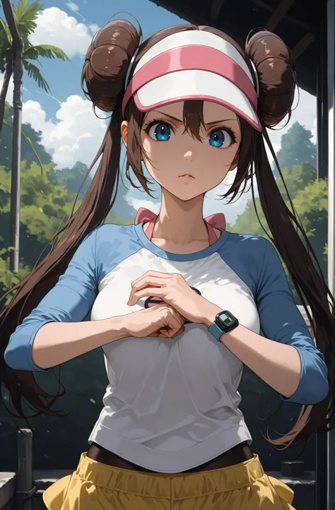score_9, score_8_up, score_7_up, nh, serious, fist in hand, closed mouth, 1girl, solo, rosa, brown hair, double bun, doughnut hair bun, hair bun, blue eye, hair between eyes, twintails, raglan sleeves, white shirt, blue sleeves, visor cap, looking at viewe...