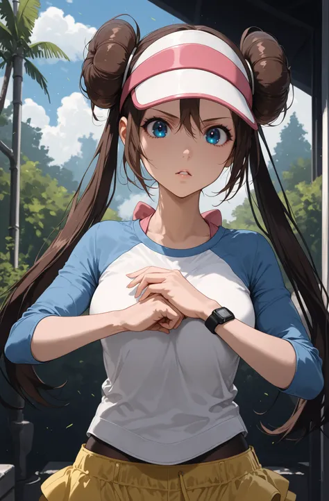 score_9, score_8_up, score_7_up, nh, serious, parted lips, fist in hand, 1girl, solo, rosa, brown hair, double bun, doughnut hair bun, hair bun, blue eye, hair between eyes, twintails, raglan sleeves, white shirt, blue sleeves, visor cap, looking at viewer...