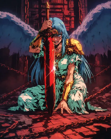  Masterpiece, ultra-detailed, cinematic illustration, 4K resolution, dramatic lighting. At the center of a ruined, ancient temple, a glowing red greatsword is stabbed into the stone floor, its thick blade radiating menace. The sword features a disturbing, ...